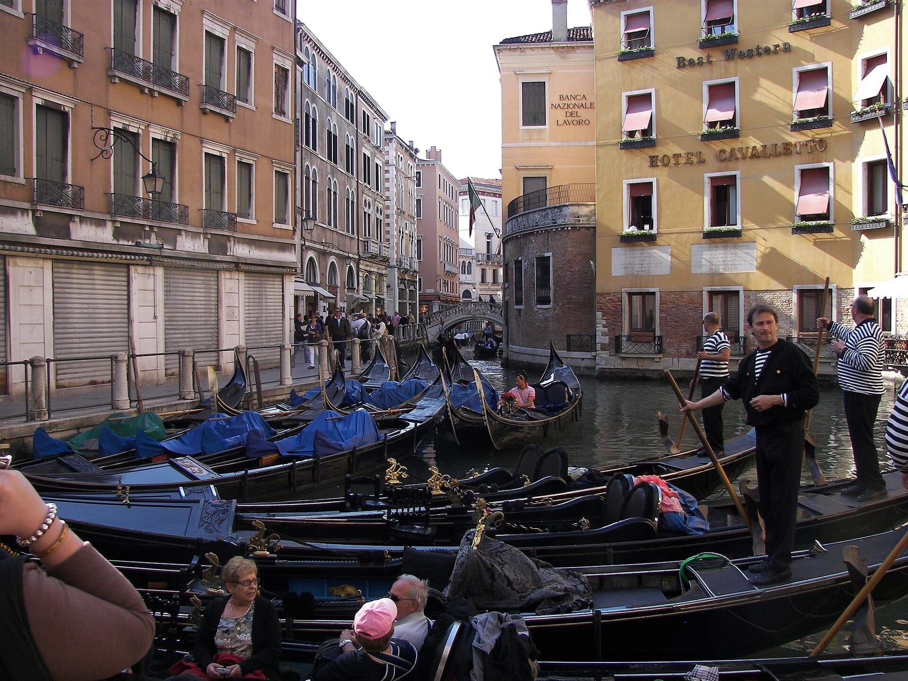 Rows of moored gondolas at the Bacino Orseolo stand behind St Mark's Square